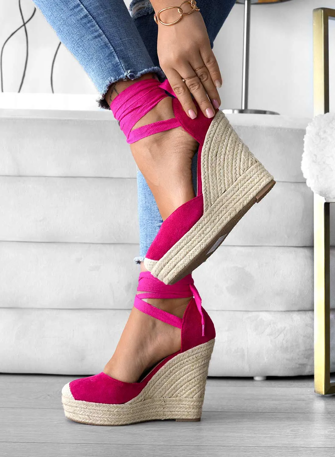 AMBRA - Espadrilles fuxia con zeppa in corda e laccio