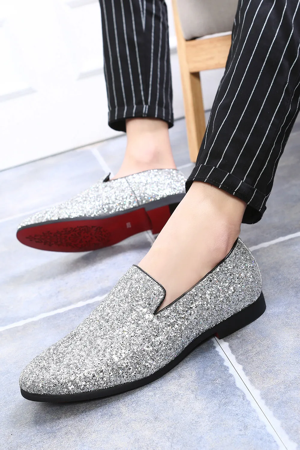 Black Sequined Slip-On Men's Shoes