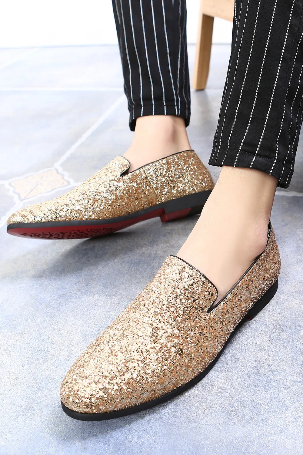 Black Sequined Slip-On Men's Shoes