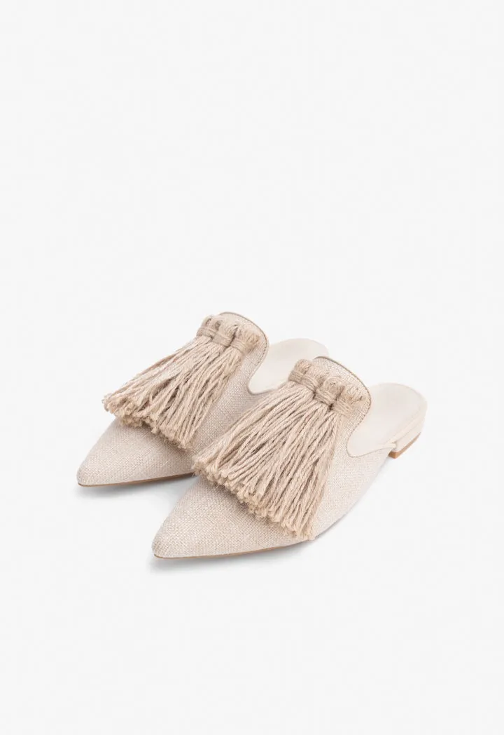 Choice Pointed Toe Tassel Mules Light Beige