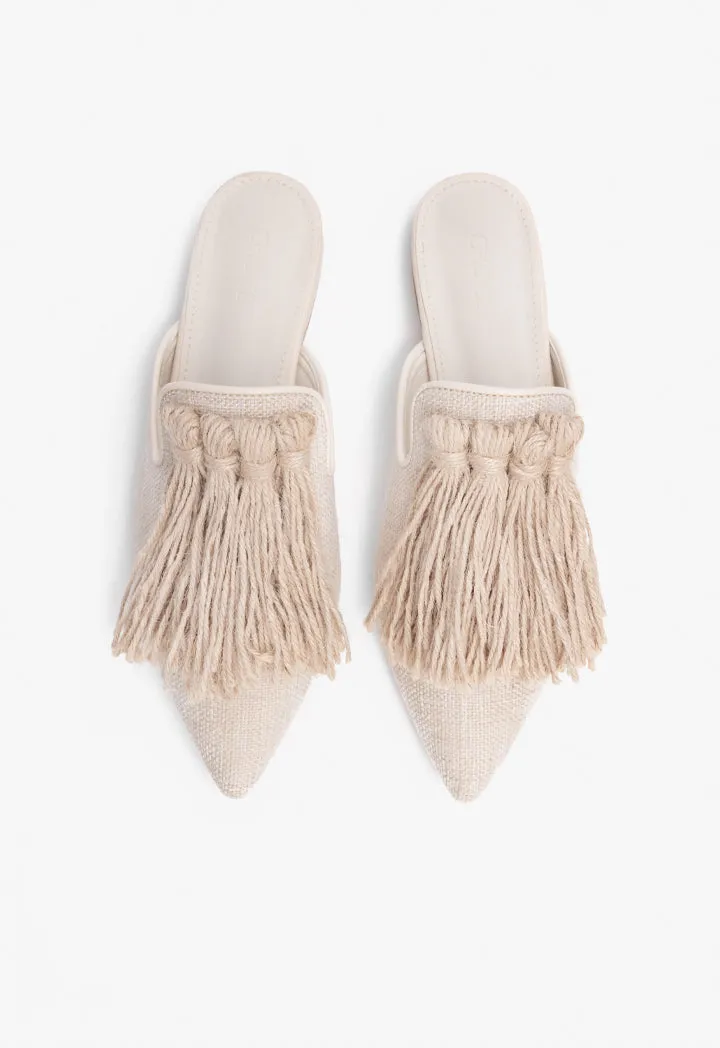 Choice Pointed Toe Tassel Mules Light Beige