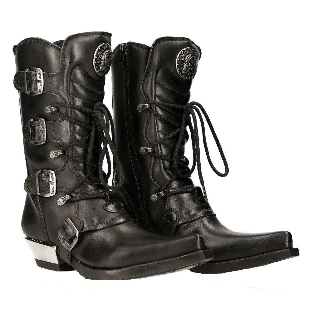 New Rock M-7993-s1 Western Cowboy Boots Black Leather Buckle Heavy Biker Shoes