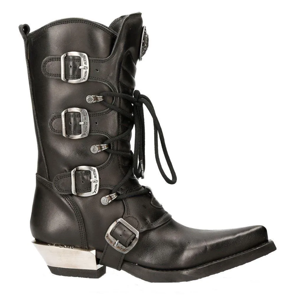 New Rock M-7993-s1 Western Cowboy Boots Black Leather Buckle Heavy Biker Shoes