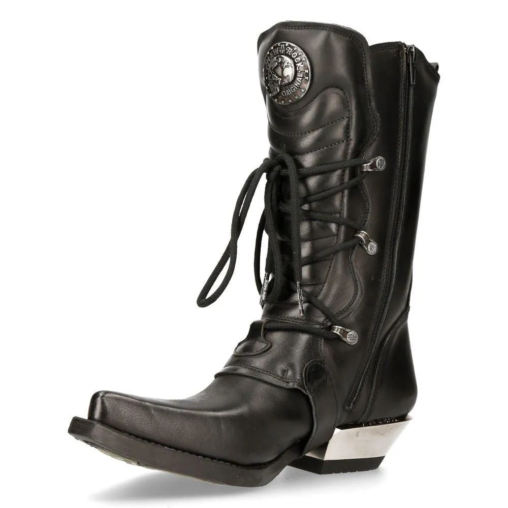 New Rock M-7993-s1 Western Cowboy Boots Black Leather Buckle Heavy Biker Shoes