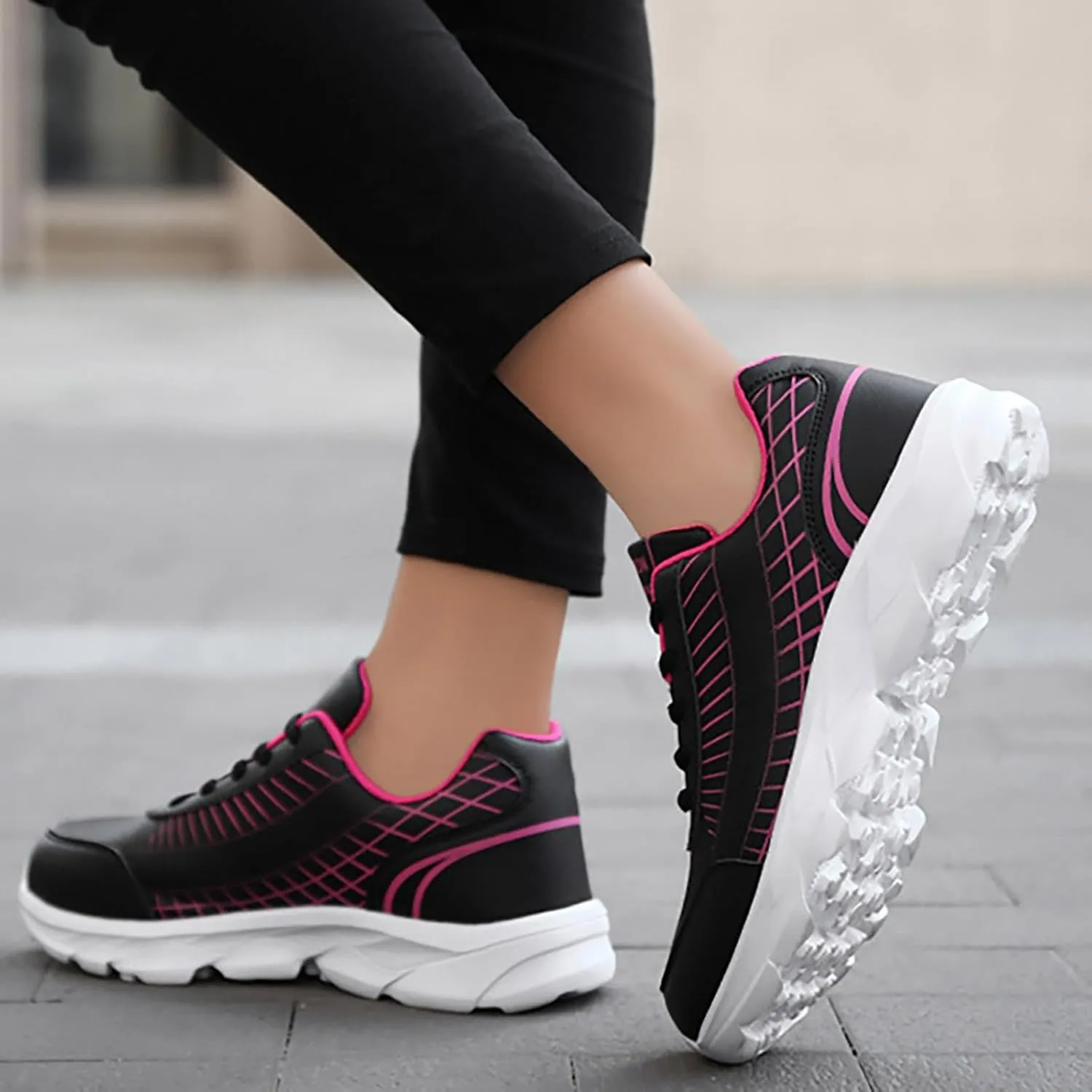 Non Slip Shoes Women Faux Pu Leather Lace Up Business Sneakers Outdoor Casual Comfortable Walking Training Shoes