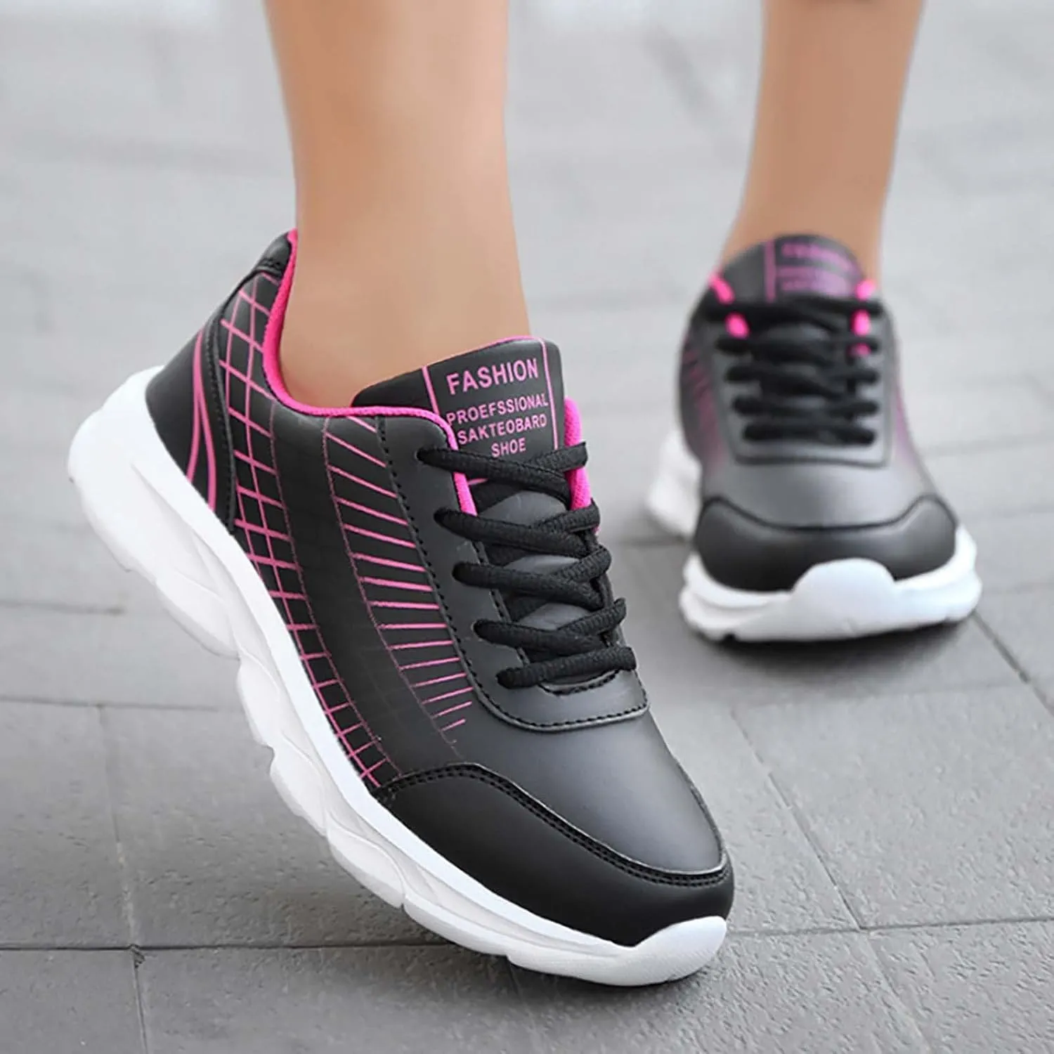 Non Slip Shoes Women Faux Pu Leather Lace Up Business Sneakers Outdoor Casual Comfortable Walking Training Shoes