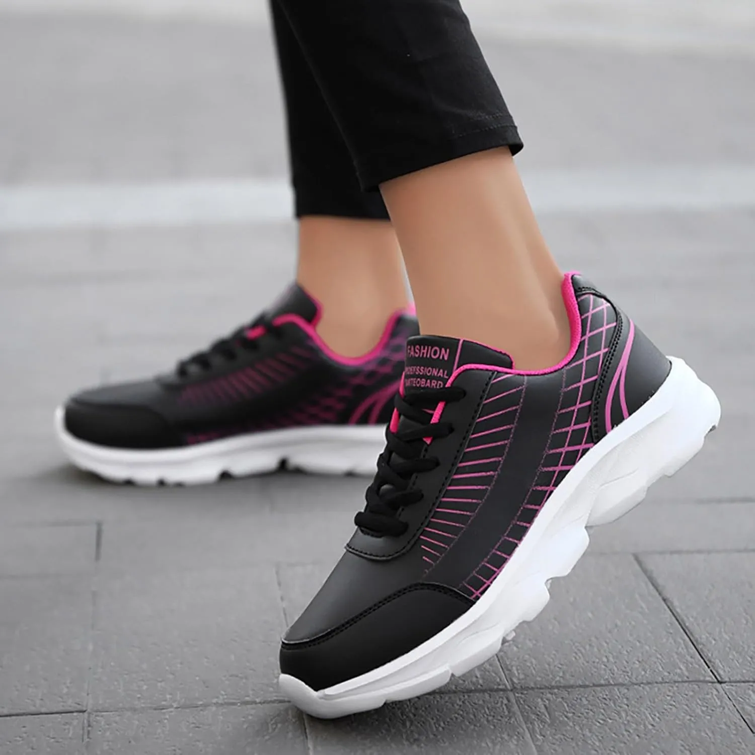 Non Slip Shoes Women Faux Pu Leather Lace Up Business Sneakers Outdoor Casual Comfortable Walking Training Shoes