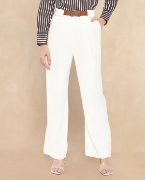 Rareism Women Sandi Beige Viscose Polyester Fabric Hook Closure Wide Fit Ankle Length Plain Trouser